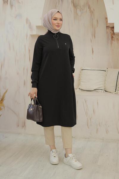 Armine TREND ARMİNE TREND Kolları Ribanalı Yarım Fermuarlı Tunik Siyah 24KT436
