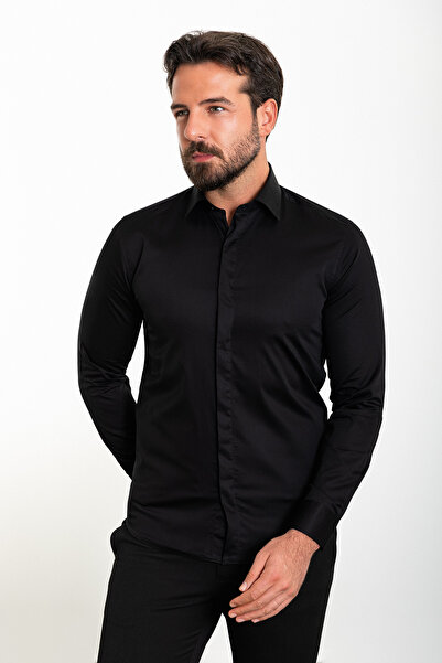 Mcr Ανδρικό πουκάμισο με ίσιο λεπτό γιακά από πολυκορδόνι, κλασικό μαύρο - 37445.21K