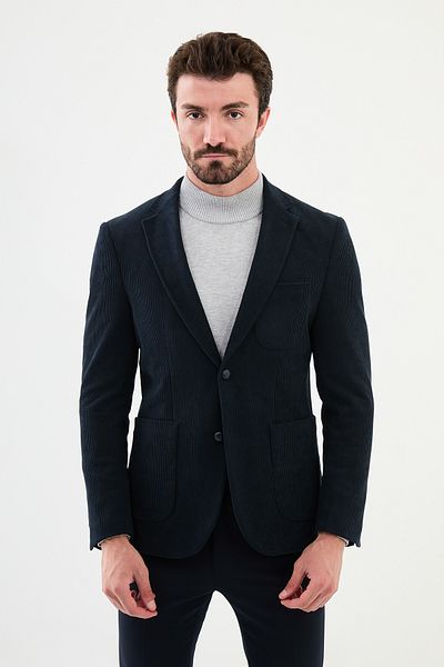 Mcr Striped Slim Fit Bag Pocket Mono Collar Velvet Men's Jacket Navy Blue - 40398.24K