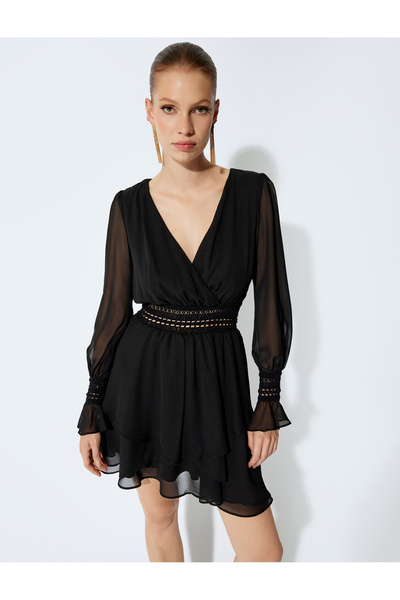 Koton Tül Elbise Mini Volanlı Uzun Kollu V Yaka Beli Dantelli