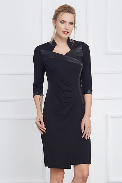 Laranor Women's Black Gathered and Collared Leather Detailed Double Breasted Dress Day&Night Elegance14L1037