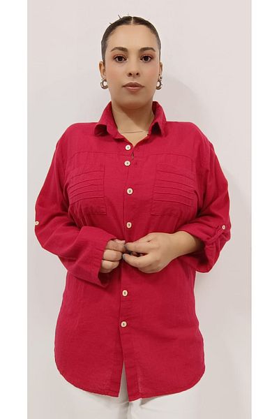 AKŞEN GİYİM LARGE SIZE 100% COTTON LINEN DOUBLE POCKET COLLAR FOLDABLE SLEEVE SHIRT