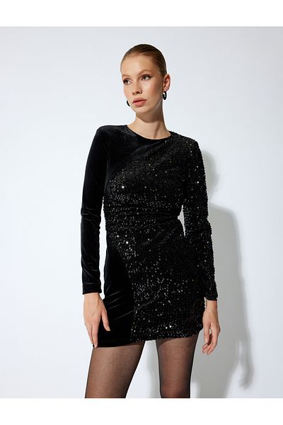 Koton Elise Mini – Pailletten, Langarm, Rundhalsausschnitt, Slim Fit