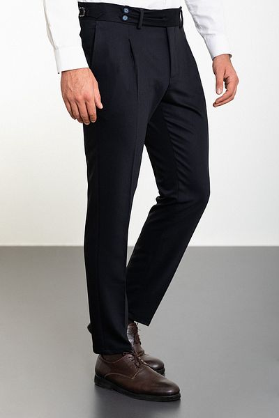 Mcr Straight Super Slim Fit Pleated Belt Detailed Buckle Men's Trousers Navy Blue - 38228.23K