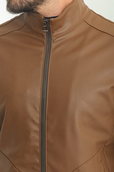 Mcr Straight Slim Fit Judge Collar Faux Leather Men's Coat Camel - 39579.22K