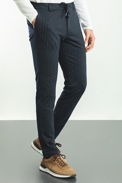 Mcr Striped Super Slim Fit Men's Trousers with Elastic Waist Drawstring Navy Blue - 38131.22K
