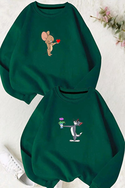 FECCY Tom Ve Jerry Baskılı Sevgili Kombini Tasarım Sweatshirt