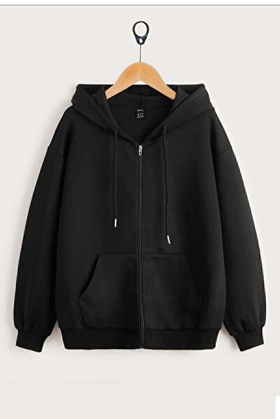 GALASHOP Siyah Kapşonlu Hırka Fermuarlı Sweat