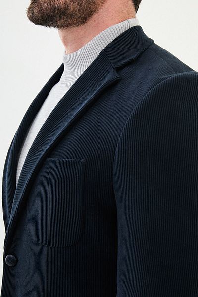 Mcr Striped Slim Fit Bag Pocket Mono Collar Velvet Men's Jacket Navy Blue - 40398.24K