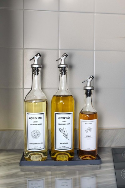 Jenisa Gri Silikon Standlı Akıtıcılı Şeffaf 750 Ml ve 375 Ml Etiketli Yağlık ...