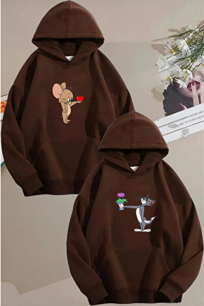 FECCY Tom Ve Jerry Baskılı Sevgili Kombini Tasarım Sweatshirt