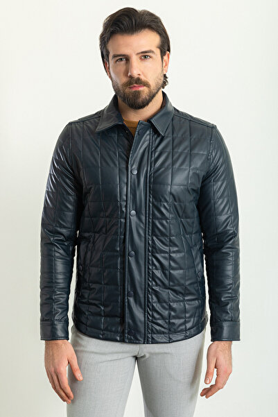 Mcr Kapitone Lacivert Slim Fit Gömlek Yaka Suni Deri Erkek Mont