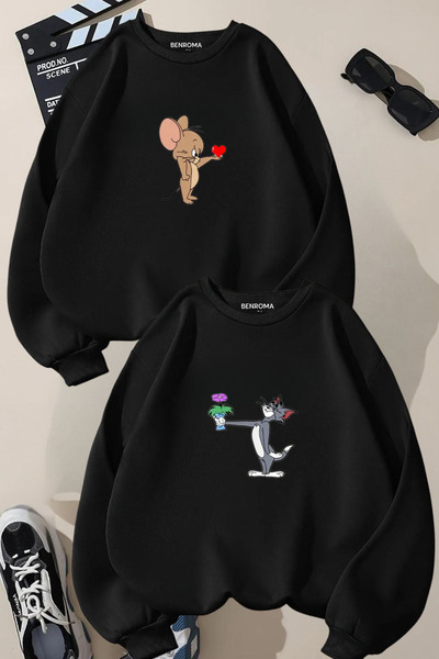 FECCY Tom Ve Jerry Baskılı Sevgili Kombini Tasarım Sweatshirt
