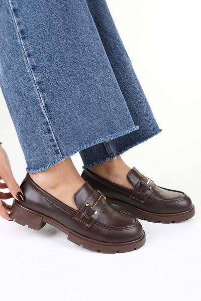Shoeberry Women's Aston Brown Skin Buckle Detailed Loafer