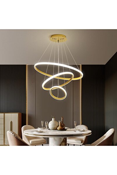 Lambadar Üçlü Halka Model Sarkıt Modern Led Beyaz Işık Ultra Power Led Avize Salon Mutfak Oda Ledli Avize