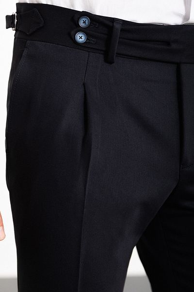 Mcr Straight Super Slim Fit Pleated Belt Detailed Buckle Men's Trousers Navy Blue - 38228.23K