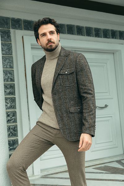 Mcr Ανδρικό μάλλινο μπουφάν με μοτίβο Slim Fit Mono Collar Khaki - 40250.22k