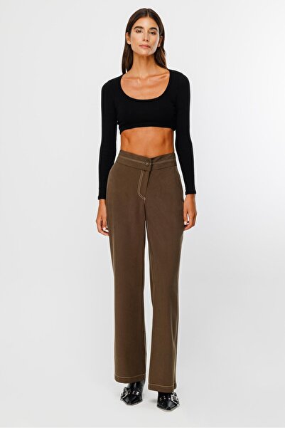 Moda İlgi Modailgi  Asimetrik Kemer Detaylı Rahat Kesim Pantolon  - 7053,1561 Haki
