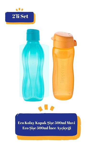Tupperware Eco 500ml Bottle Blue and Fine Sunflower Water Bottle Flask - Eco Friendly Set of 2