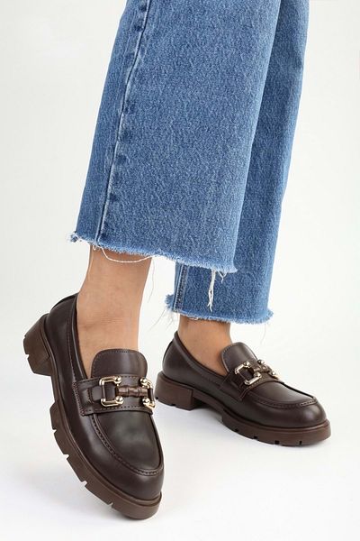 Shoeberry Women's Roye Brown Skin Buckle Detailed Loafer