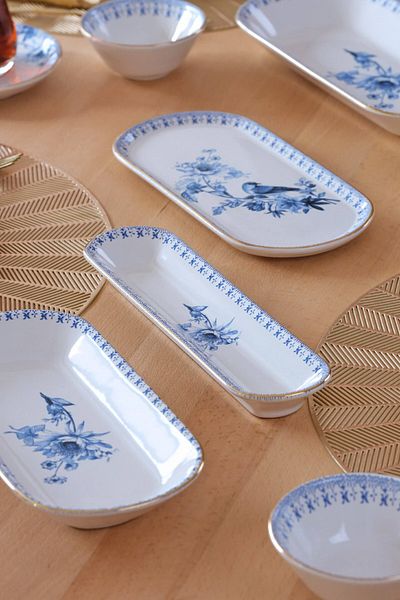 Glore Asian Blue Bird Gold Gilt 41 Pieces Ceramic Breakfast Set for 6 People