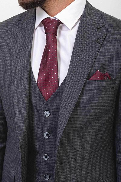 Mcr Kockás fekete színű Slim Fit Mono galléros férfi öltöny