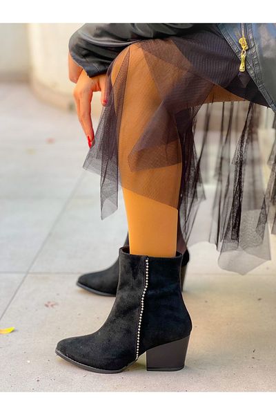 irmona Black Suede - Dallas Boots Bottıe, Bead Detailed