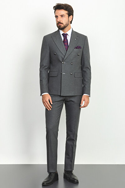 Mcr Düz Slim Fit Geniş Yaka Kruvaze Yün Erkek Takım Elbise Antrasit - 45161.22K