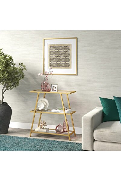 MERZANA Metal Dekoratif Raf, Cam Raflı Kitaplık, Gold Kitaplık