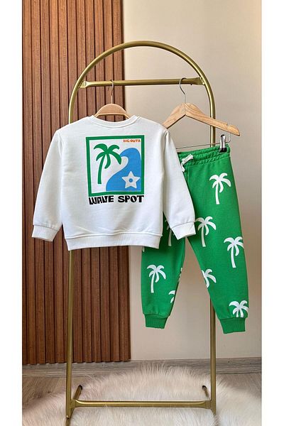 Magu Boy's Palm Tree Patterned 3 Thread Winter Cotton Sweatshirt Tracksuit Top and Bottom Set