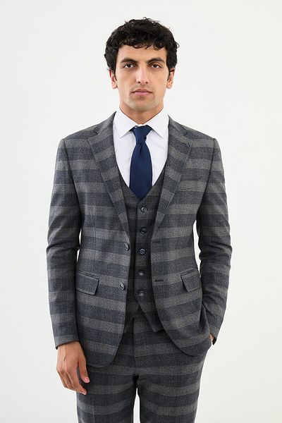 Mcr Plaid Slim Fit Mono Collar Men's Suit Navy Blue - 45361.24K