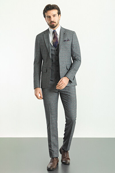 Mcr Ekoseli Slim Fit Mono Yaka Yün Erkek Takım Elbise Siyah - 45177.22K