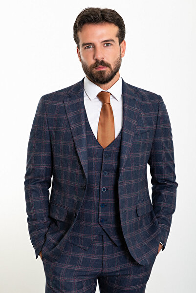Mcr Ekoseli Slim Fit Mono Yaka Yün Erkek Takım Elbise Lacivert - 45290.23K