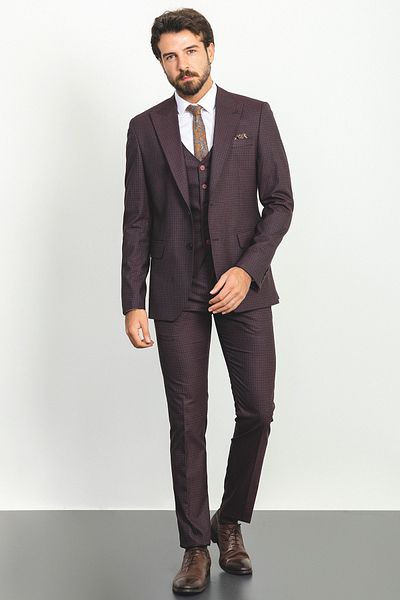 Mcr Plaid Slim Fit Mono Collar Men's Suit Claret Red - 45155.22K