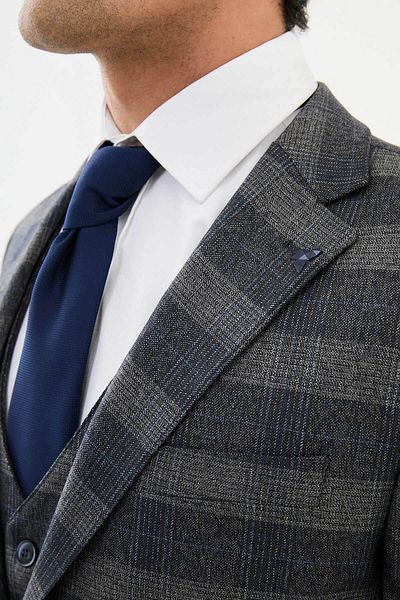 Mcr Plaid Slim Fit Mono Collar Men's Suit Navy Blue - 45361.24K