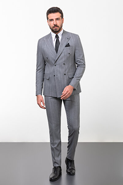 Mcr Csíkos, karcsúsított, kétsoros férfi öltöny szürke - 45254.23K