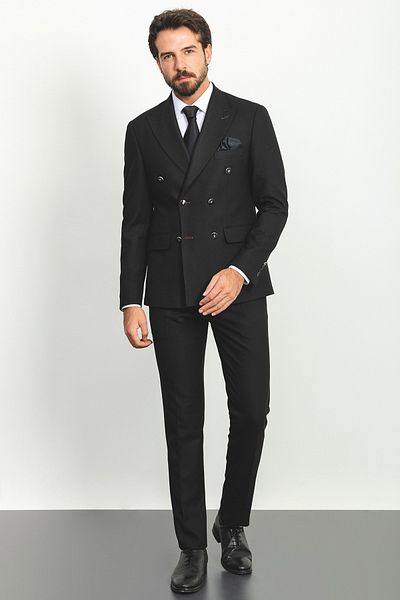 Mcr Straight Slim Fit Wide Collar Double Breasted Wool Men's Suit Black - 45161.22K