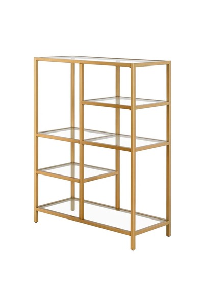 MERZANA Metal Dekoratif Raf, Cam Raflı Kitaplık, Gold Kitaplık