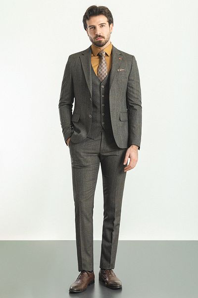 Mcr Plaid Slim Fit Mono Collar Wool Men's Suit Black - 45192.22K