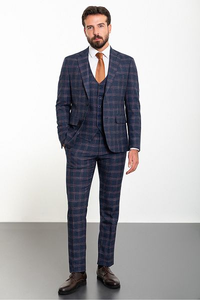 Mcr Plaid Slim Fit Mono Collar Wool Men's Suit Navy Blue - 45290.23K