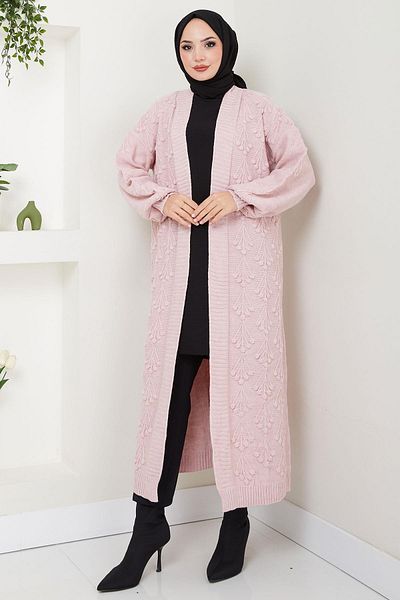 hafsamina Pink Long Knitwear Cardigan - Cherry Pattern Hm2334