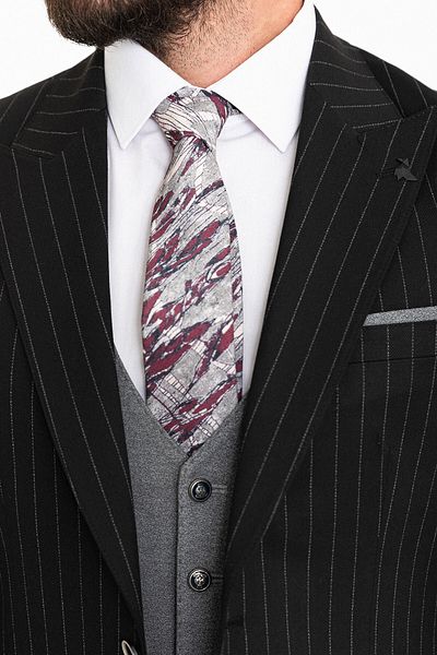 Mcr Ριγέ Μαύρο Slim Fit Φαρδύ γιακά Συνδυασμός Μάλλινο Ανδρικό Κοστούμι