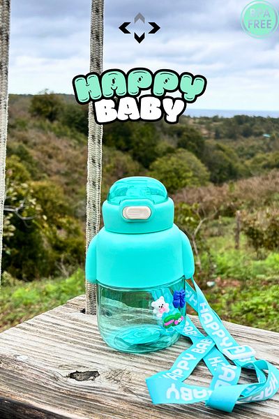 LİGROUND Happy Baby Tritan Cute Children's Water Bottle - 3D Sticker Water Bottle with Straw and Hanger