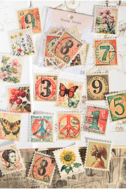 Scrapbook Stamp Series Pul Sticker (18 adet) / Vintage Scrapbook, Journal