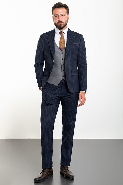 Mcr Striped Slim Fit Wide Collar Combination Wool Men's Suit Navy Blue - 45271.23K