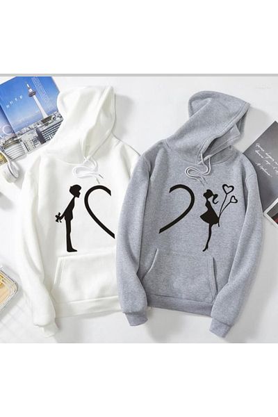 SKYLİGHT Women/Men White and Gray Printed Hooded Sweatshirt Lover Couple Combination
