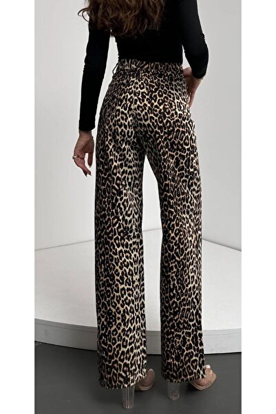 akkanatbutik Women's High Waist Leopard Print Spanish Leg Trousers