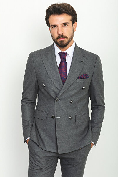 Mcr Düz Slim Fit Geniş Yaka Kruvaze Yün Erkek Takım Elbise Antrasit - 45161.22K