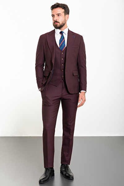 Mcr Straight Slim Fit Wide Collar Wool Classic Men's Suit Burgundy - 45252.23K