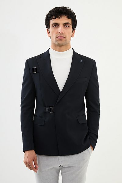Mcr Straight Slim Fit Wide Collar Belt Detailed Double Breasted Men's Jacket Navy Blue - 41404.24K